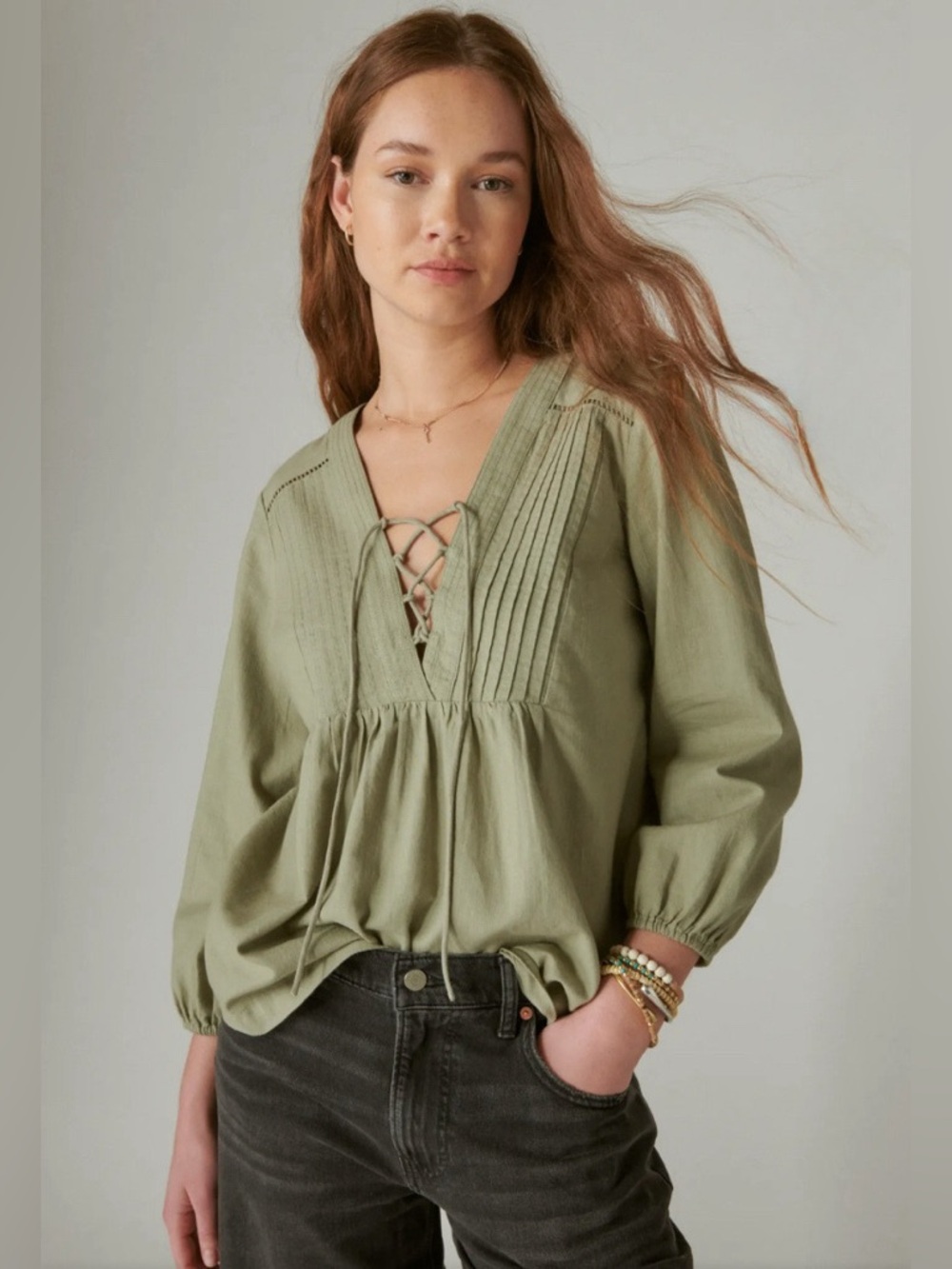 Lucky Brand Sage Green Lace Up Peasant Blouse Size L